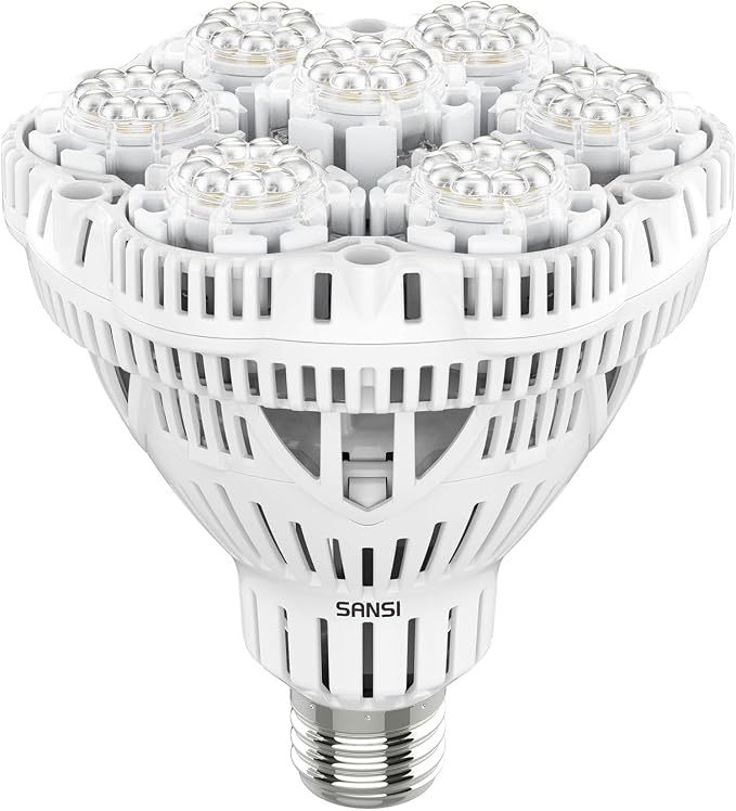 A white SANSI screw-in bulb has a wide, vented body and several clear lens clusters on its face.