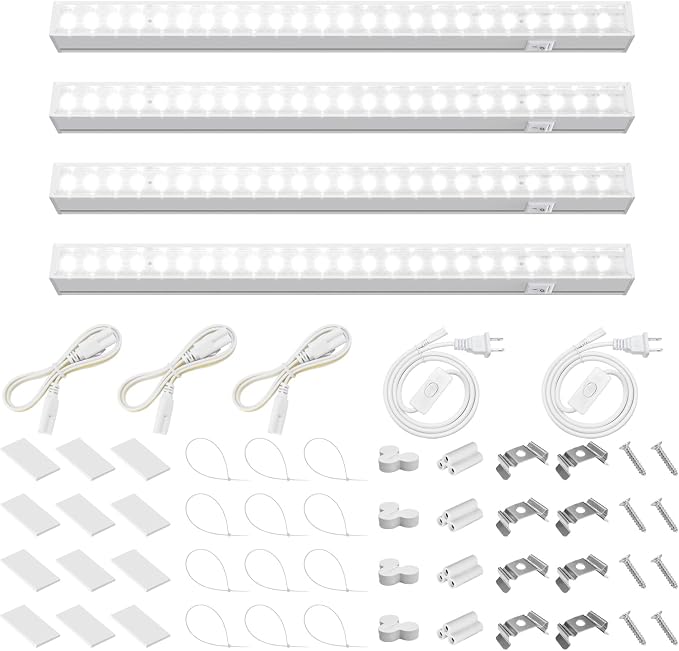Four white linear light bars appear above power cords, connecting leads, clips, pads, ties, and screws.
