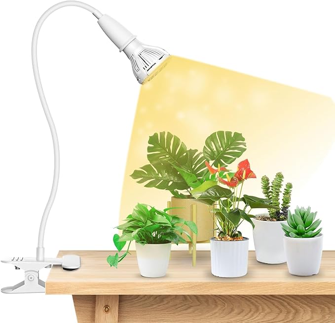 White SANSI single-head grow light clamped to a wooden table beside potted plants.